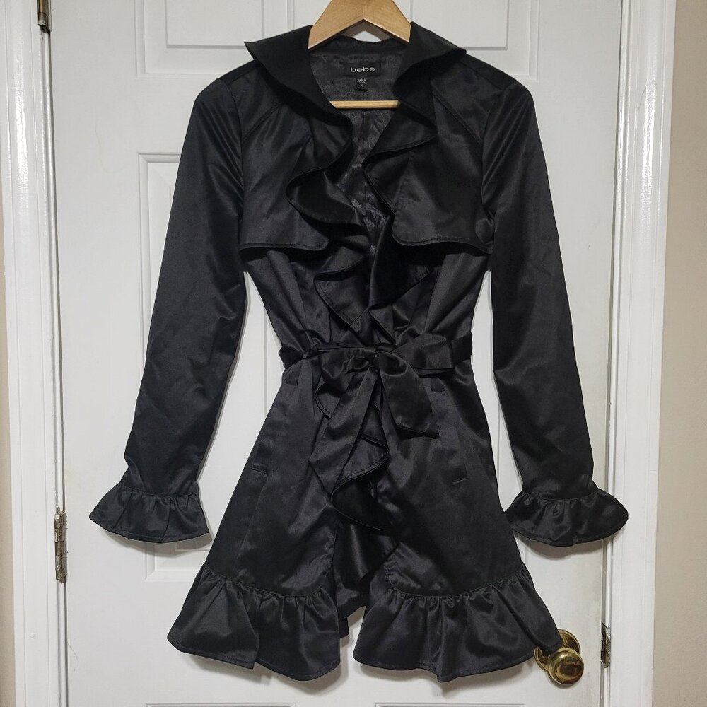 Bebe Black Satin Ruffle Trench Coat